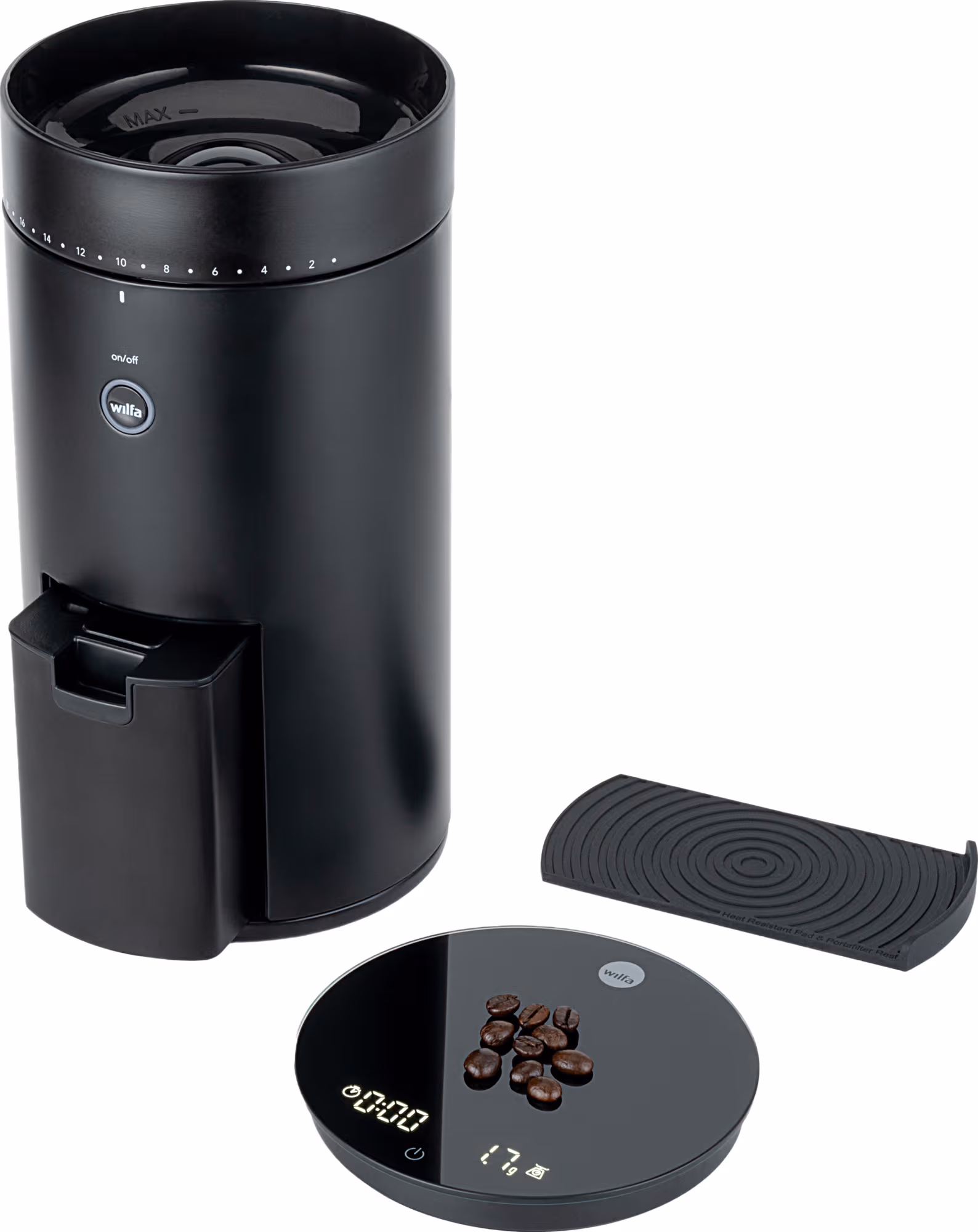 Wilfa Uniform Evo CG4B-S150 electric coffee grinder in black, with 64 mm burrs and a built-in scale Wilfa Uniform Evo CG4B-S150 coffee grinder