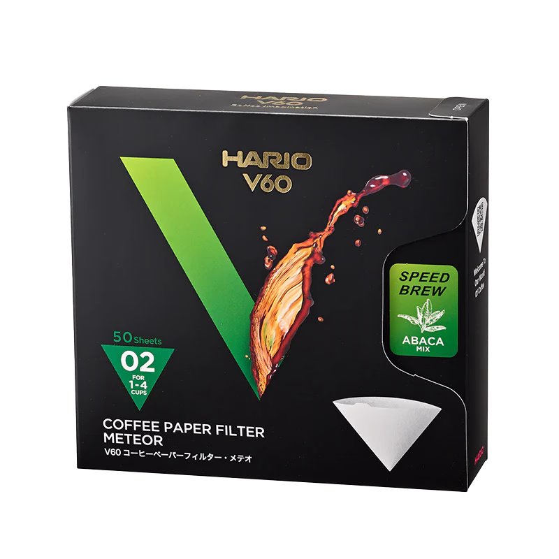 Hario V60 Meteor suodatinpaperit 02 (50 kpl) pakkauksessaan valkoisella taustalla