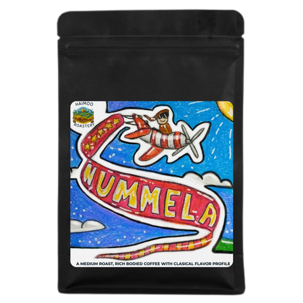 Nummela kahvi, Kolumbia Huila ja Etiopia Yirgacheffe sekoitus paikallisen taiteilijan etiketillä